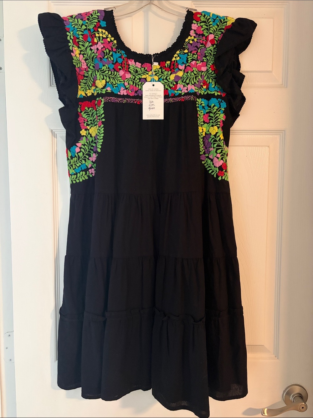Emilia Collection Black Tiered Dress with Bright Floral Embroidery